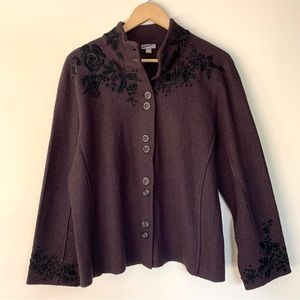 J. Jill Boiled Wool Embroidered Button Up Jacket Brown size L